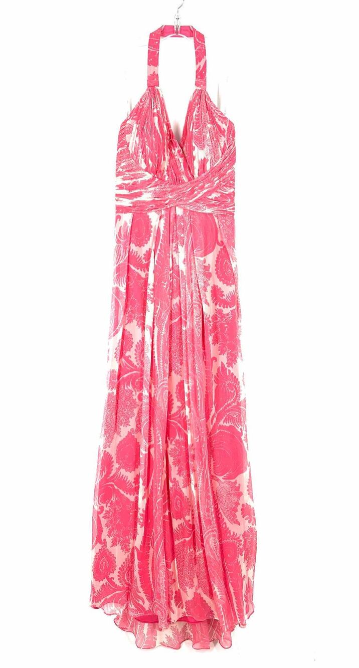 Badgley Mischka Size M Pink/Beige Halter Print NEW Designer Dress Maxi